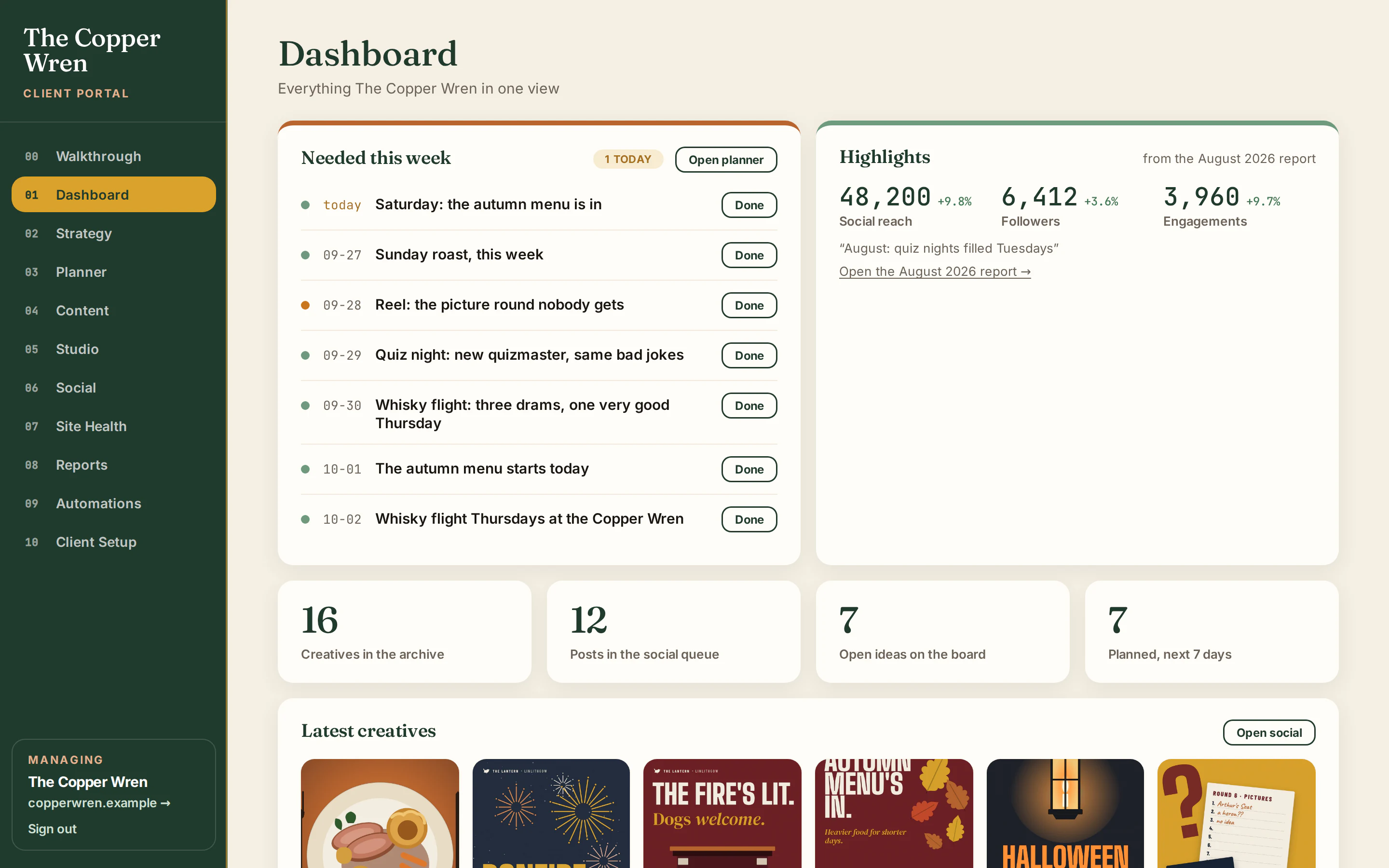 A client's dashboard in the client's own colours and fonts