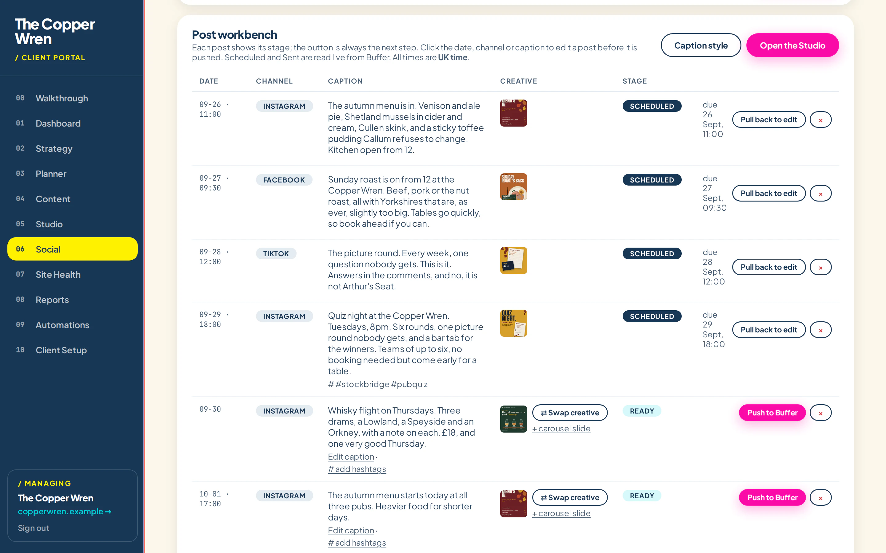 The posting queue with scheduled posts and their due times